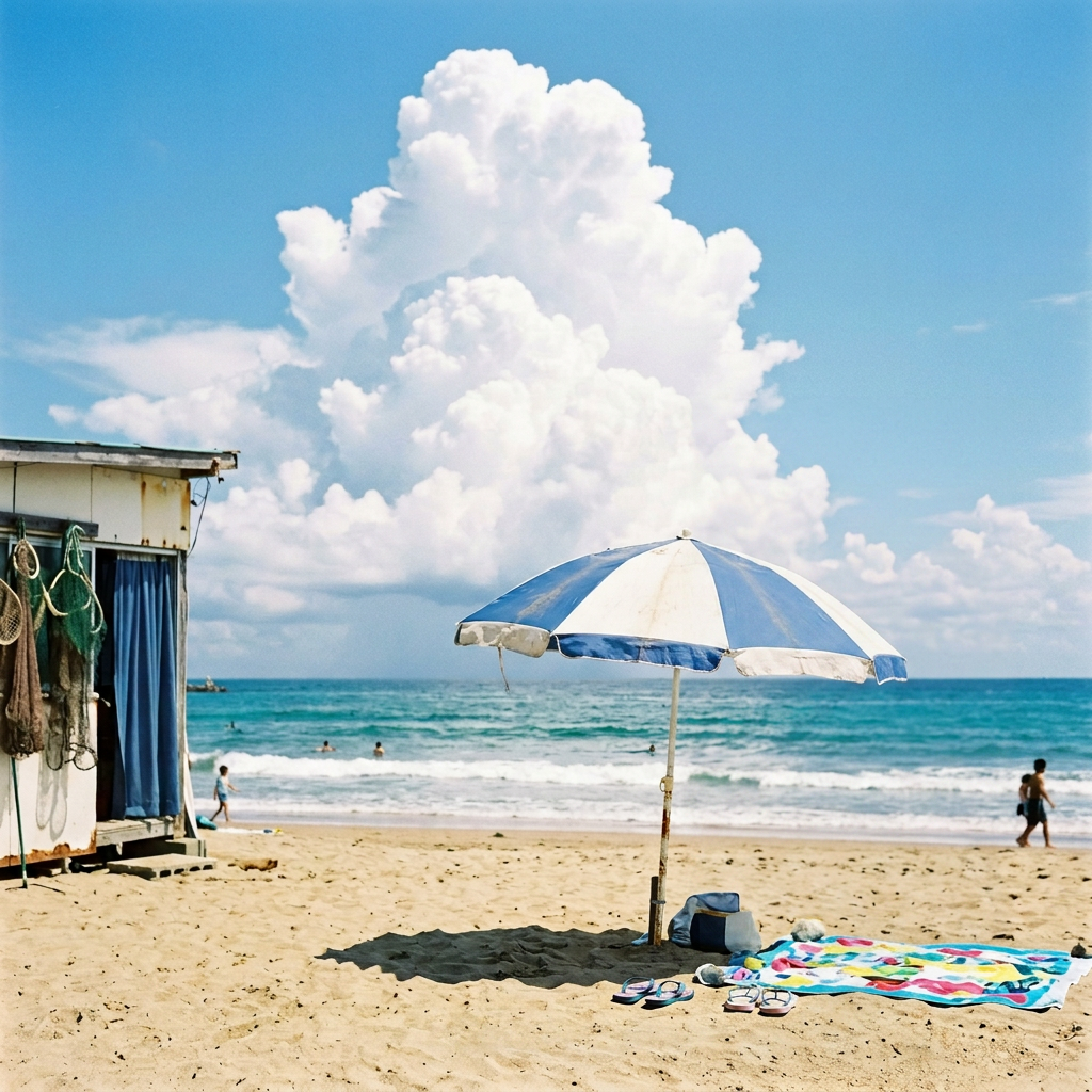 Sign on sandy beach with Japanese text announcing summer holiday closure August 13 to 18